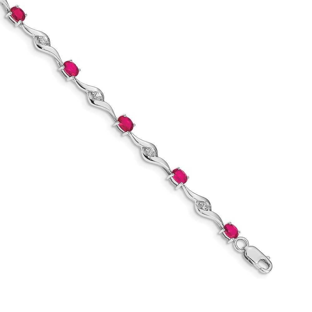 14k White Gold White Sapphire September Birthstone and Ruby Bracelet, 7" Length